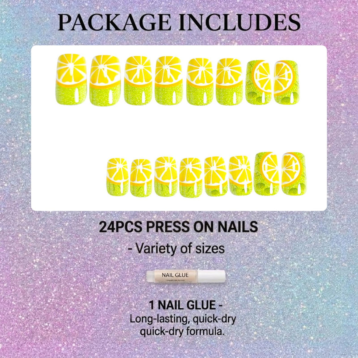 IMSOHOT 24Pcs Press on Nails - Medium Square Fake Nails Yellow Lemon & Green Glitter Fruit Design False Nails Kit for Vacations