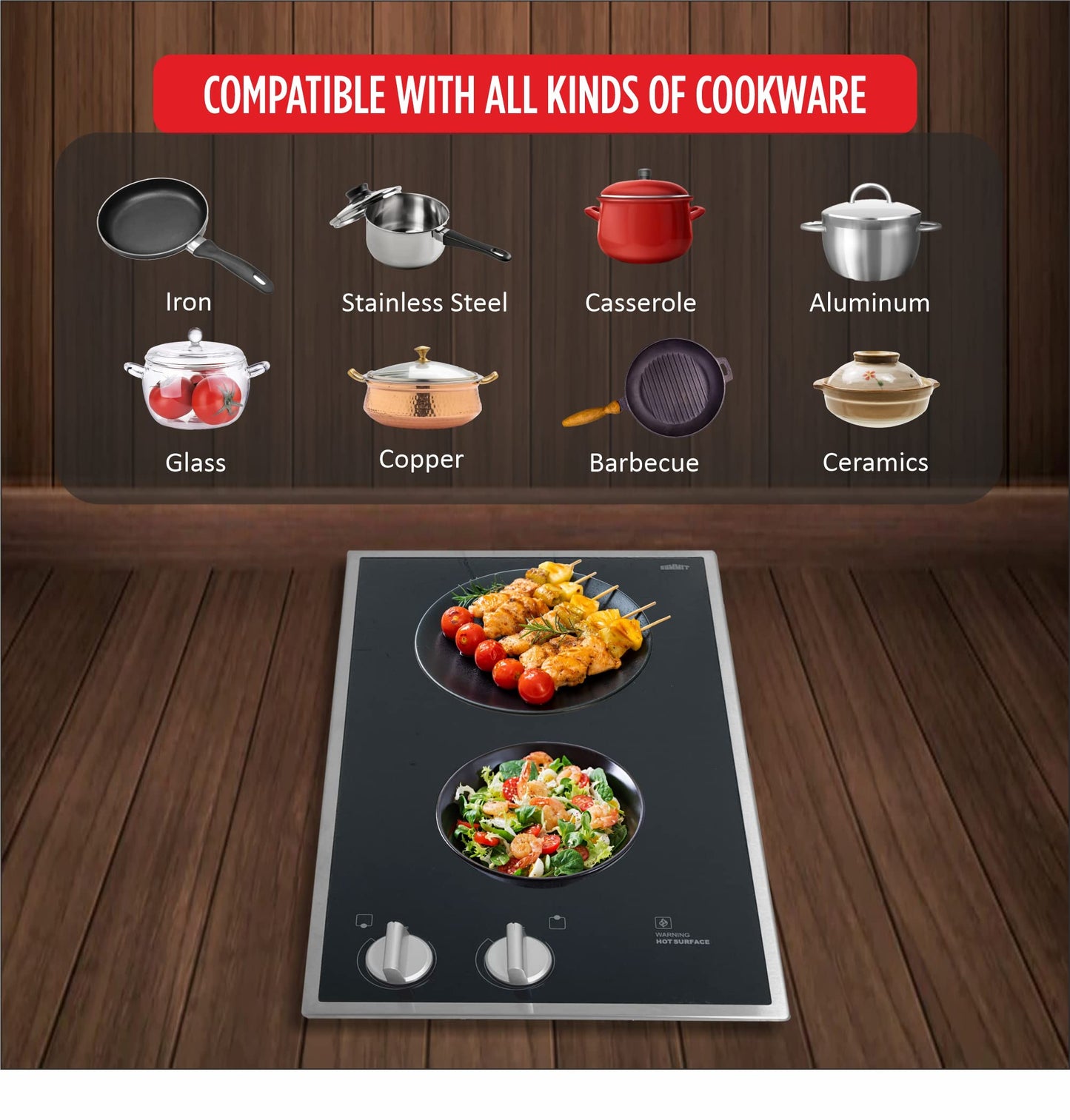Summit CR2B12ST 12" Wide 115V 2-Burner Radiant Cooktop, Black Ceramic Glass, 1400W, ADA Compliant, Safety Heat Indicator, Easy to Clean, Cord Included, Hotel Suites, Extended Stay, Apartments, House