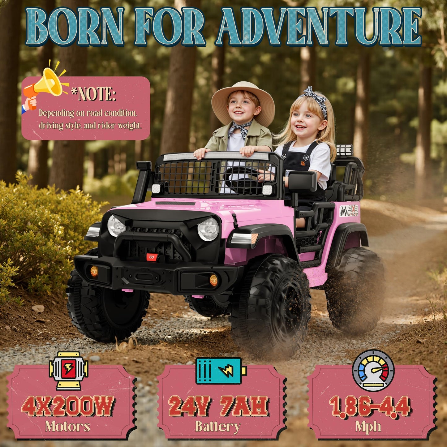 JORFLY 24V Ride on Toys for Big Kids, 20'' 2-Seater Electric Ride On Car Truck w/800W Motors, Remote Control, Mult-Led Lights, 3 Speeds, Bluetooth, Shock Absorption, Power Car Wheels for Kids, Pink