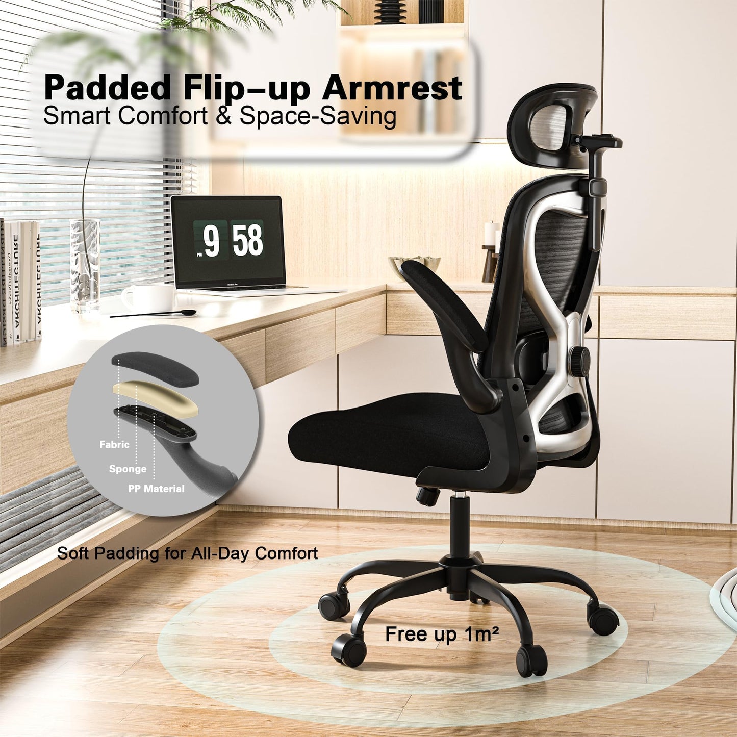 Ergonomic Office Chair, Mesh Desk Chair with Headrest, Lumbar Support, Thick Seat Cushion, Flip-up Arms, High Back Computer Task Chairs for Home Office, Black/Silver