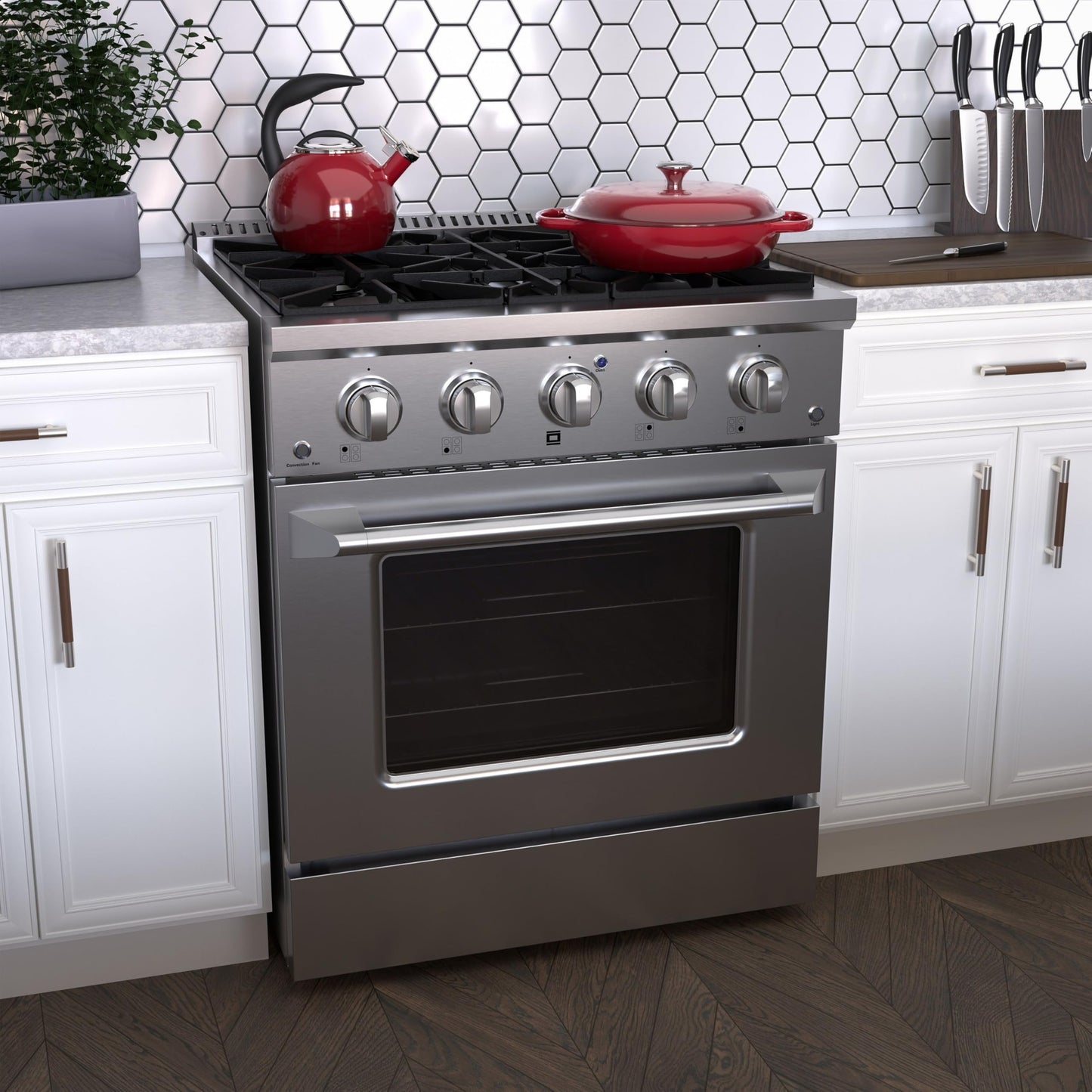 DUURA Elite Gas Range with 4 Burner Cooktop Freestanding with Porcelain Convection Oven and Broil Function, Continuous Grates with Stainless Steel Construction, 30-Inch, Metallic
