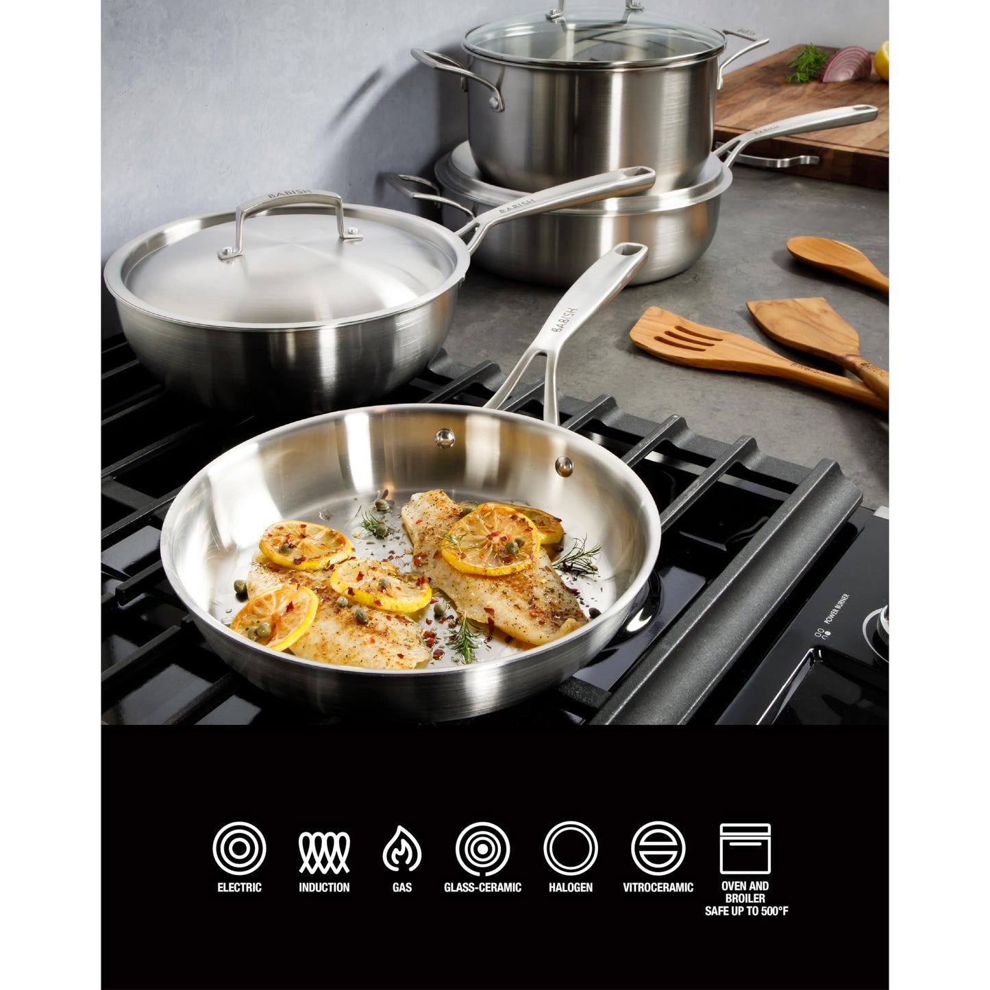 Babish 10-Piece Professional Tri-Ply Non-Toxic Pots and Pans Cookware Set – Durable, Even Heat Distribution for Cooking and Baking