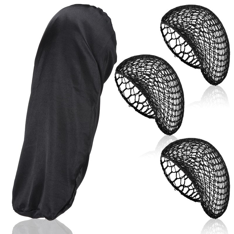 ZhouBoat Black Long Hair Bonnet with 3pcs Crochet Hair Nets Set Extra Long Wrap Cap Reusable Elastic Shower Cap for Braids Curly