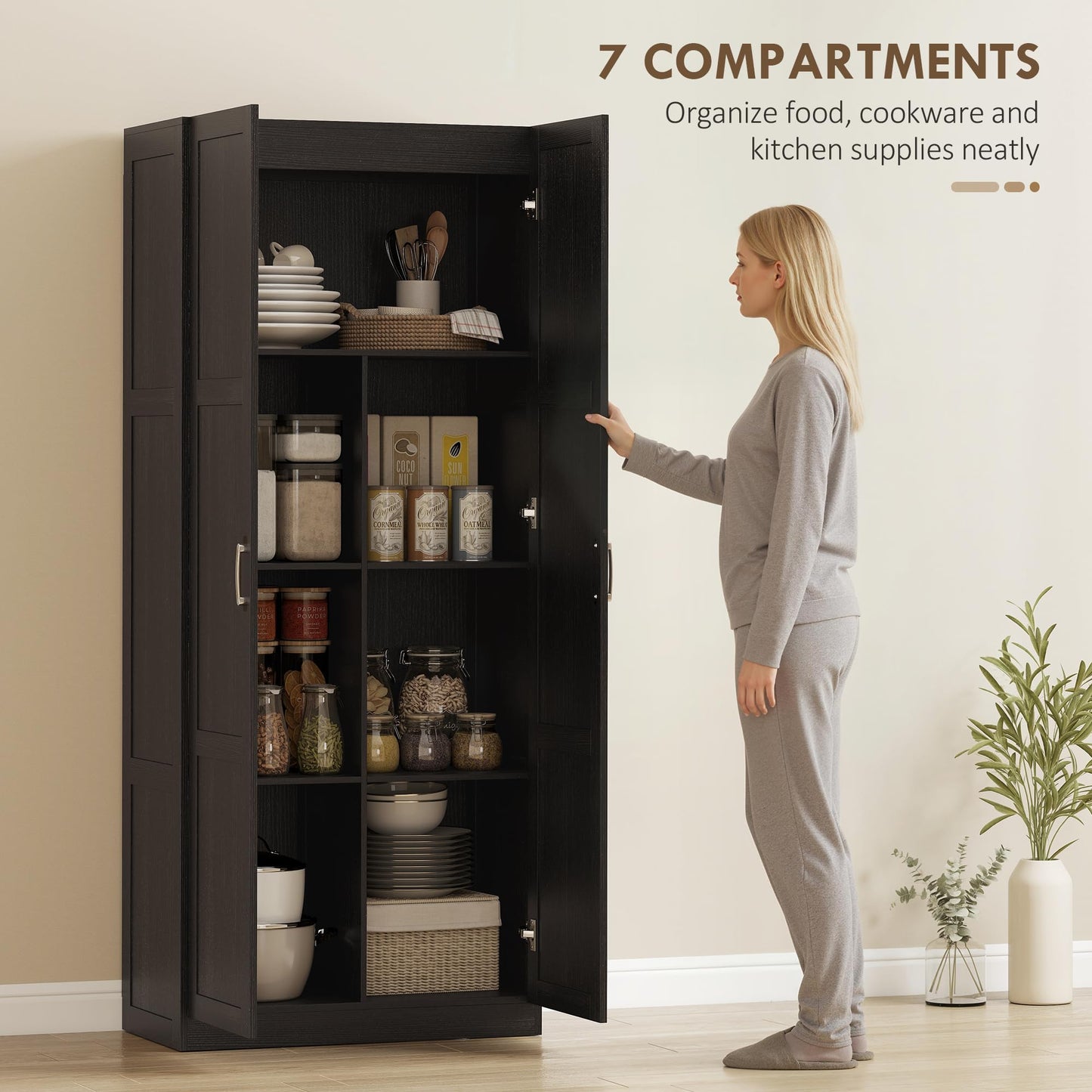 HOMCOM 71" Tall Kitchen Pantry Cabinet with Soft-Close Hinges, Modern Farmhouse Freestanding Pantry Storage Cabinet with 2 Framed Doors, 4 Adjustable Shelves, Espresso