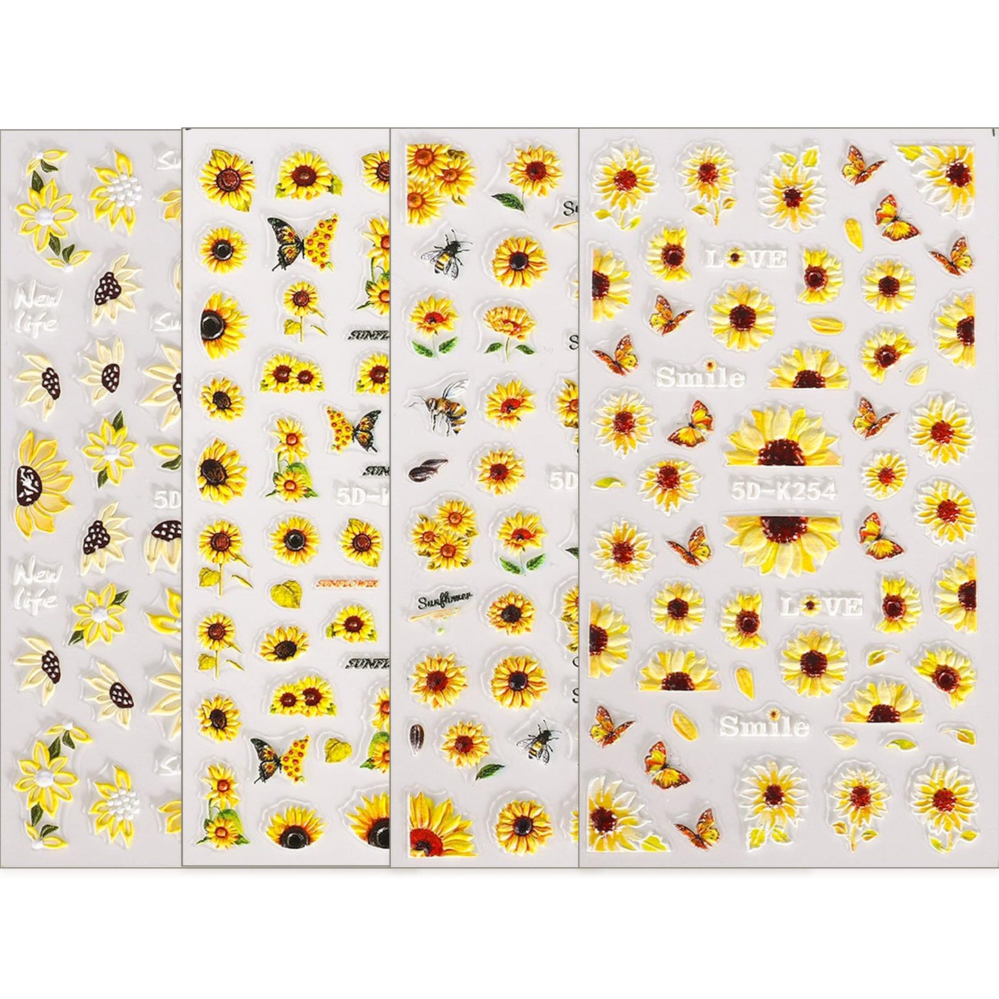 5D Embossed Sunflower Nail Art Stickers Self-Adhesive Flower Nail Decals Engraved Floral Summer Nail Sticker Acrylic Nail Art for Women Girls Manicure Decoration 4 Sheets