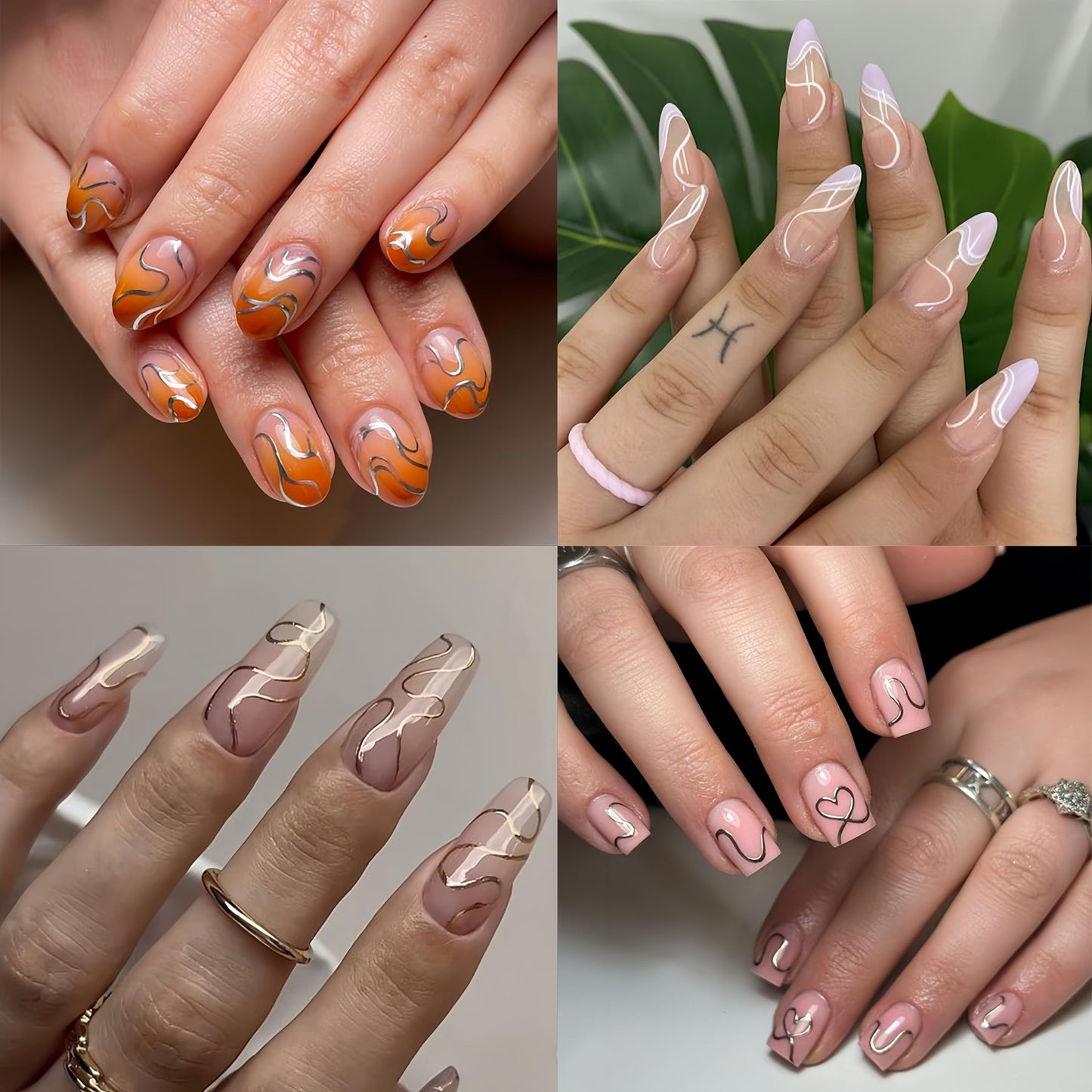 8 Sheets French Line Nail Art Stickers 3D Self-Adhesive Exquisite Gold and Silver White Metallic Designs Nail Decals Irregular French Line Nail Supplies for Women and Girls DIY Nail Art Decoration
