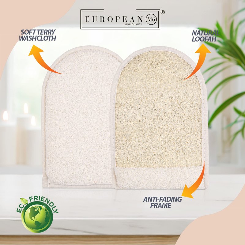 European M6 Loofah Exfoliating Body Scrubber Mitt – Dual-Sided Natural Egyptian Luffa Glove for Shower & Bath | Large Size Organic Loofah Sponge for Deep Body Cleansing | for Women & Men (2 Count)