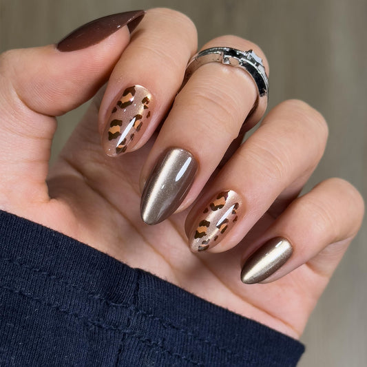 CurvLife Press On Nails Medium Almond – Bronze Brown Metallic Leopard Fake Nails, Reusable Soft Gel Glue On Nails with Adhesive Tabs, Natural Fit, Salon Quality for Women