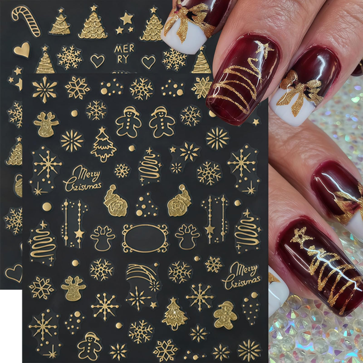 12 Pcs Christmas Nail Stickers Gold Glitter Snowflake Nail Decals Metallic Santa Claus Gingerbread Man Xmas Tree Nail Supplies Christmas Snowmen Nails Supplies for Women Winter Holiday DIY Manicure