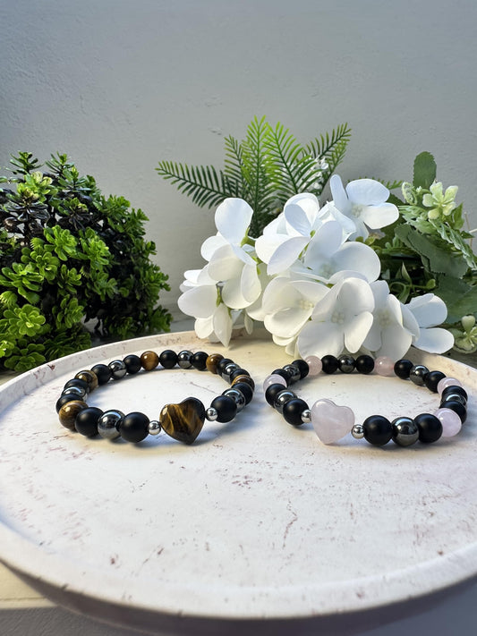 TUBIANCA Rose Quartz Bracelet – Heart Crystal with Hematite & Onyx for Love, Healing & Emotional Balance – Handmade Stretch Bracelet for Women & Men – Spiritual Gift for Inner Peace