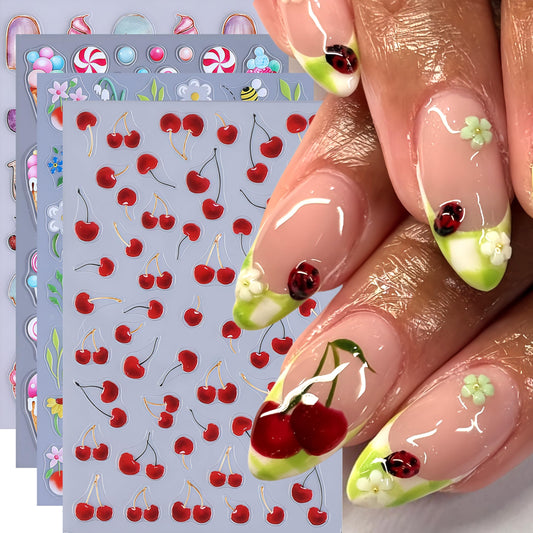 4 Sheets Flower Bee Stickers for Nail Art Spring Summer Floral Nail Art Stickers 5D Embossed Self-Adhesive Nail Decals Green Leaf Cherry Fruit Pattern Nail Design Candy Ice Cream Nails Decor for Women
