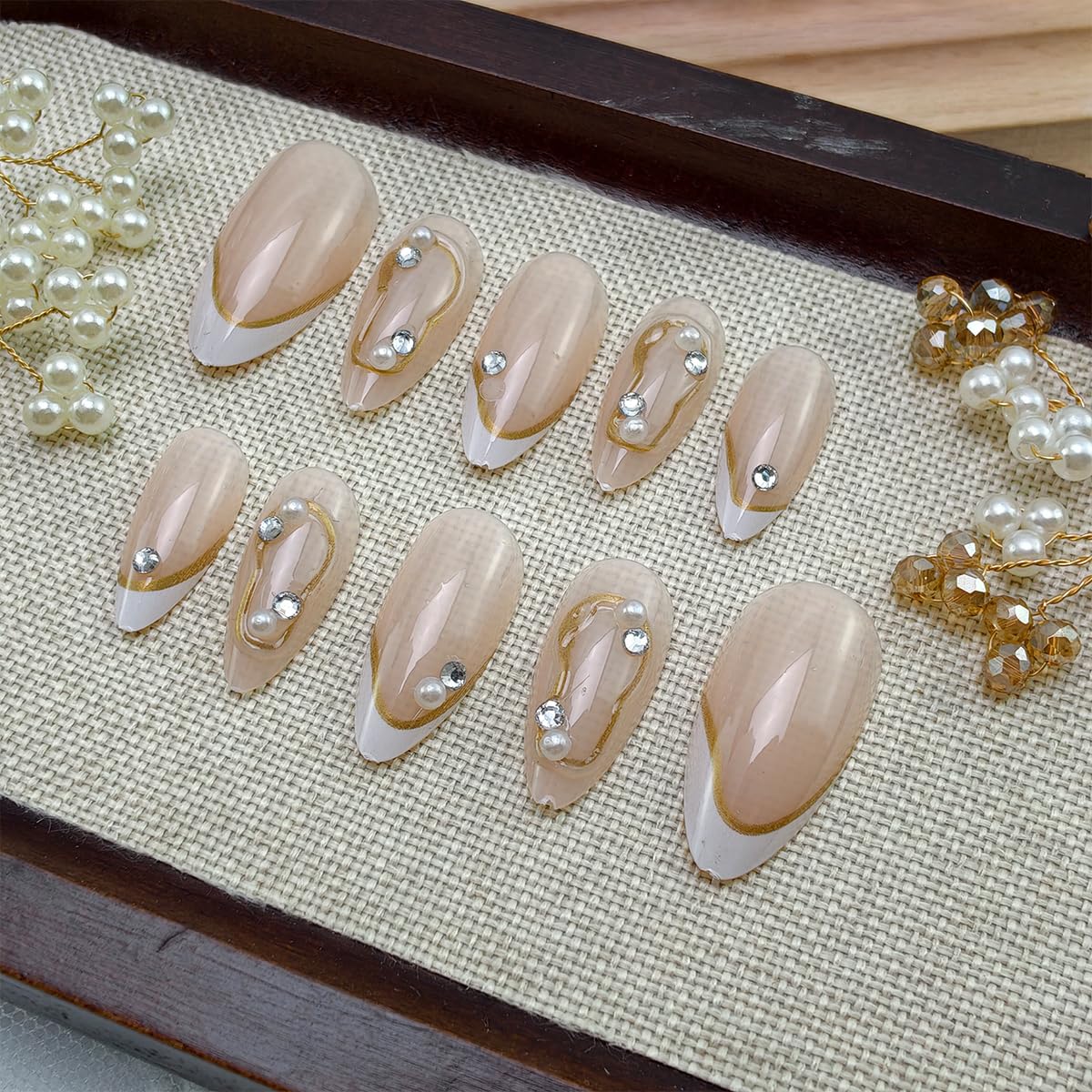 White French Tip Press on Nails Medium Almond Fake Nails Luxury Gold Line Design 3D Pearl Rhinestones Acrylic Nails Nude Full Cover Glue on Nails Reusable French False Nails for Women Manicure 24Pcs