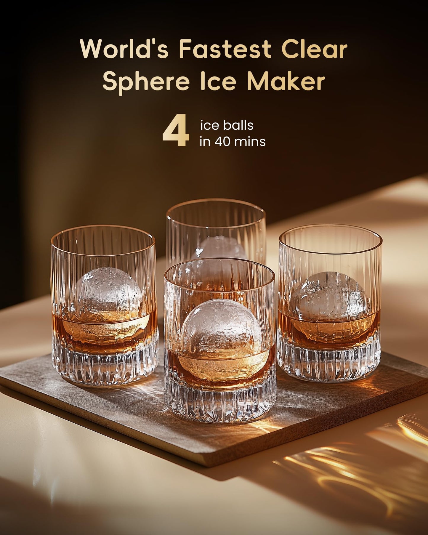 ecozy 2" Clear Ice Ball Maker with CrystalFlux Technology, 4 pcs in 40 Mins, 144 pcs/Day, Sphere Ice Maker with Enhanced Insulation, Self-Cleaning, Automatic Water Supply for Whiskey
