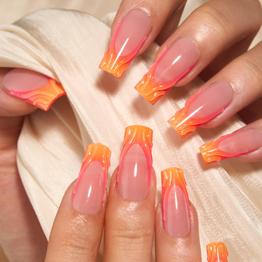 Curvlife 30pcs Press on Nails, Acrylic Fake Nail with Apricot Design, Full Cover False Nails Tips Glossy Nude Glue on Nails Artificial Stick on Nails for Women (3D nails, Long)