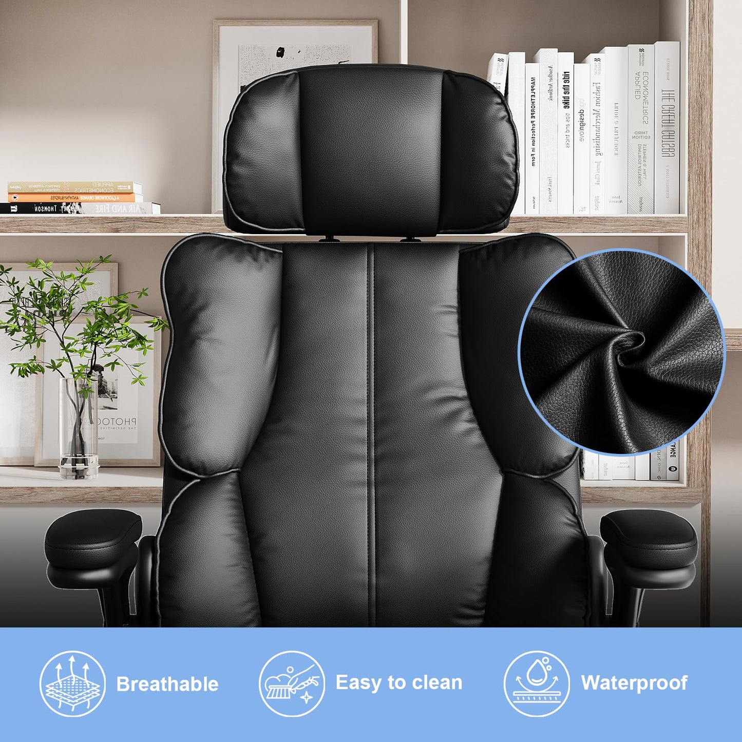 Kensaker Executive PU Leather Office Chair, Computer Chair with Thick Cushion & Lumbar Support, Ergonomic Desk Chair with Adjustable Headrest & Armrests,Black