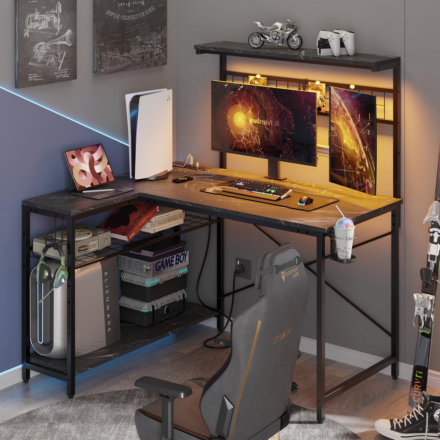 Bestier 42 L Shaped Gaming Desk, Computer Desk with Power Outlets & LED Light, Reversible Corner Desk with Shelves, Home Office Desk with Storage, Black Marble