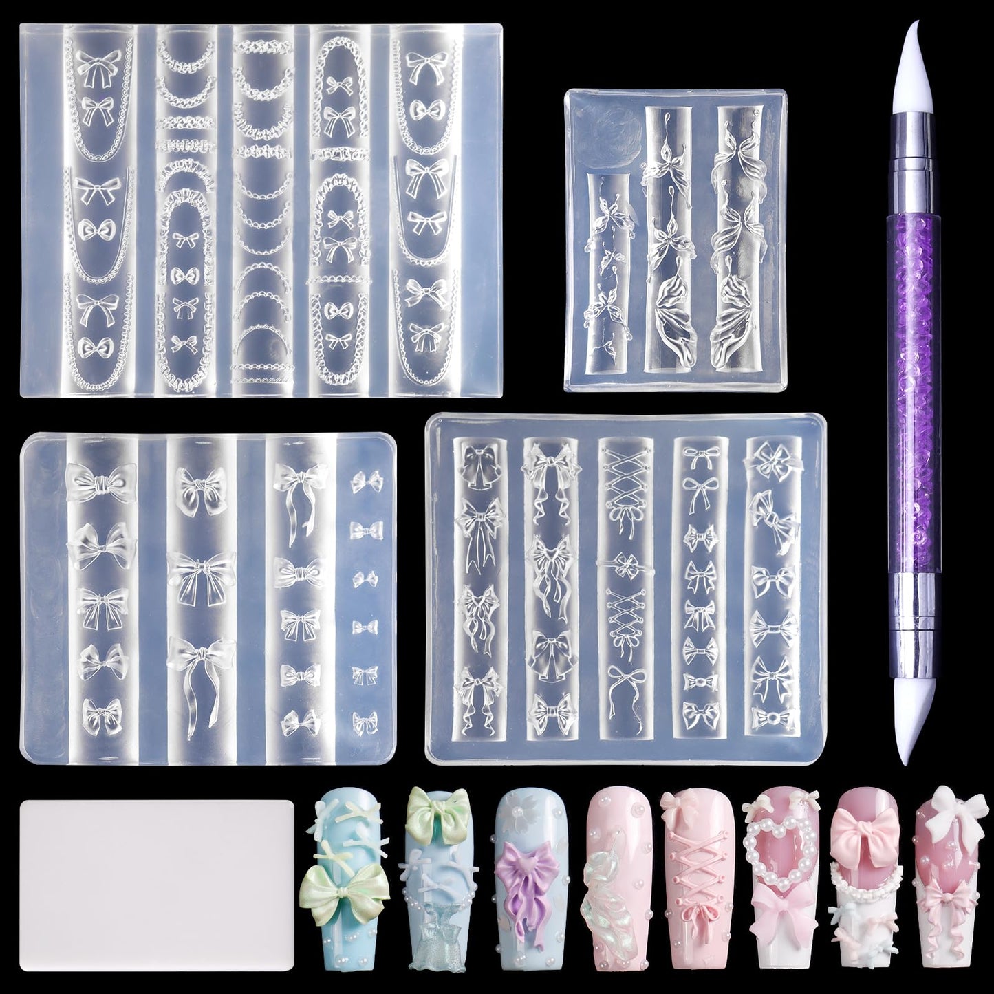 Laza 4pcs Bowknot Silicone Nail Art Molds, 3D Multiple Shapes Ribbon Lace Bows Charms Silicone Nail Accessories with Carving Pen Resin Nail Art Mold Manicure Tools for Women DIY Manicure Design