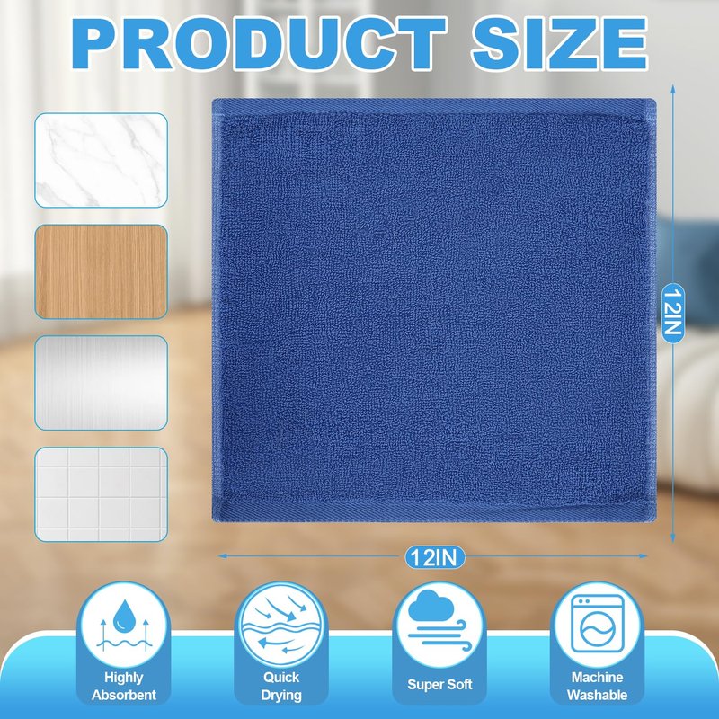 Keith Lun 6 Pack 100% Cotton Wash Cloth, 12x12Inch Highly Absorbent and Soft Feel Fingertip Towels, Machine Washable Washcloths for Bathroom, Gym, Hotel, Spa and Kitchen, Blue