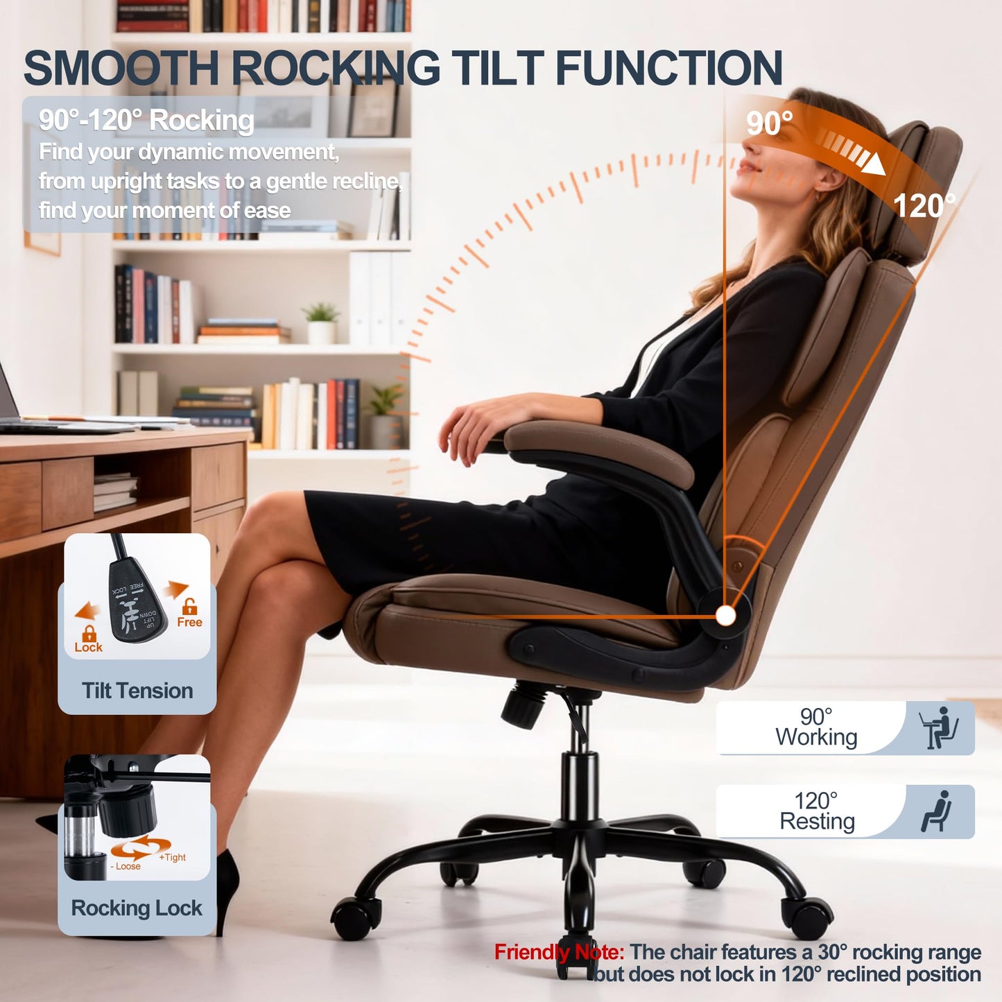 Office Chair with Adjustable Headrest - Executive Leather Desk Chair for Home Office, with Flip-Up Arms & Ergonomic Lumbar Support, Perfect for Work and Study, Brown