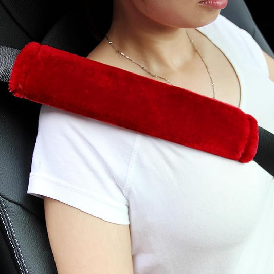 Amooca Soft Faux Fur Universal Fit Seatbelt Cover Car Truck SUV Airplane Seat Belt Shoulder Pad for Carmera Backpack Straps Neck Cushion Protector 2 Pack 10.5in Red