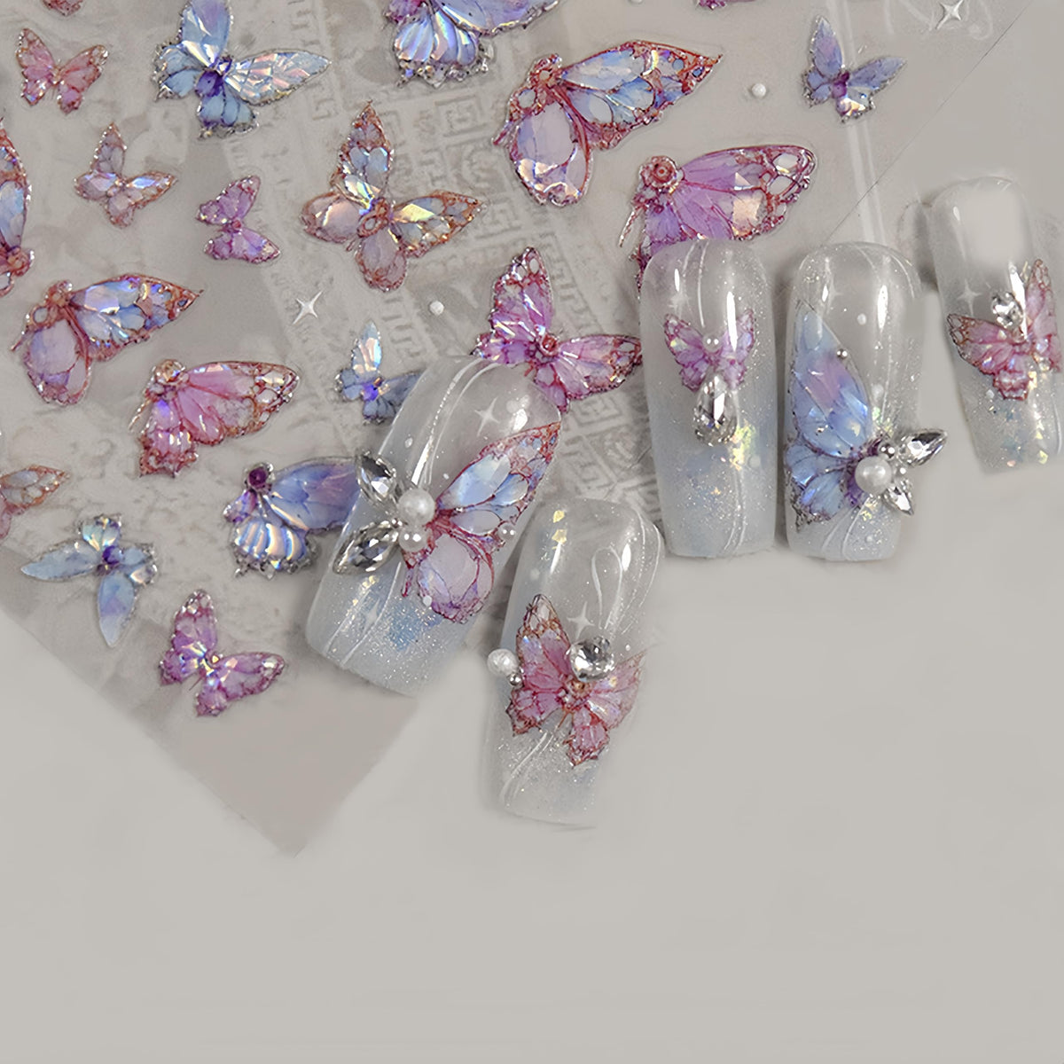 2 Sheets Butterfly Nail Art Stickers 5D Embossed Pink Butterfly Nail Decals Glitter Aurora Butterfly Nail Pattern Self-Adhesive Nail Art Stickers DIY Nail Decoration