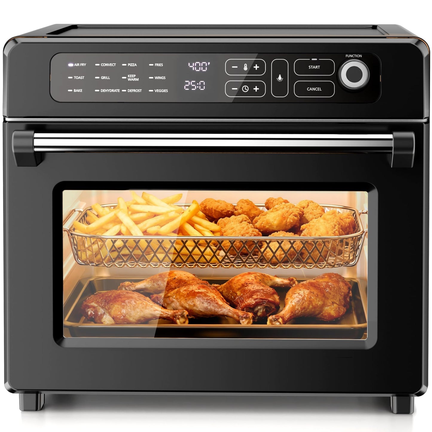 Kismile 25QT Air Fryer Toaster Oven Combo, 12-in-1 Large Countertop Convection Airfryer Oven, 70–450℉, Bake, Roast, Reheat, Broil, Fits 12″ Pizza, Includes Full Accessories, Stainless Steel(Black)