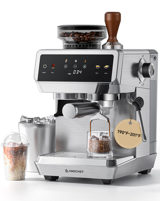 AMZCHEF Espresso Machine With Grinder, 190℉-201℉ Temp Control Coffee machine with 44 Grind Setting, Milk Frother, Touch Screen, Cold Brew, Sliver