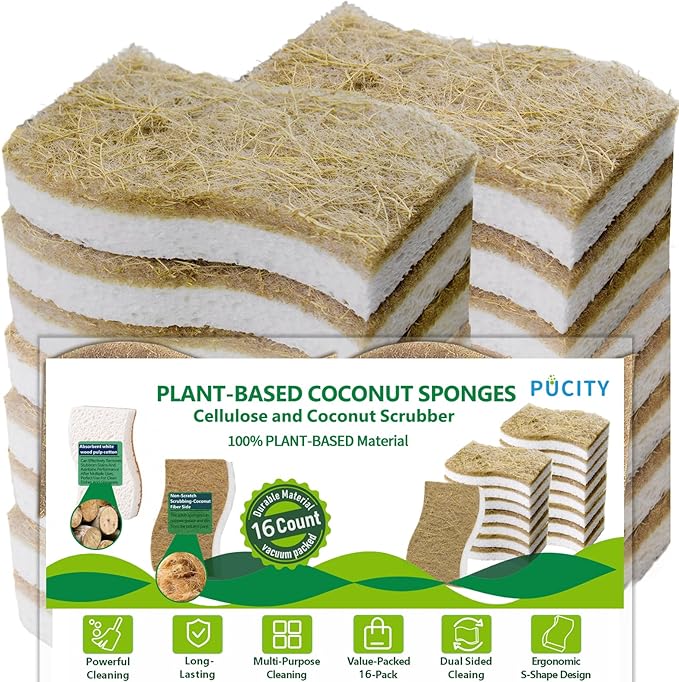 Sponges Kitchen Natural Dish Sponge Plant-Based Biodegradable Compostable Cellulose with Coconut Scrubber Sponge Non Scratch Eco Friendly Kitchen sponges for Kitchen Dishesï¼Pack of 16ï¼