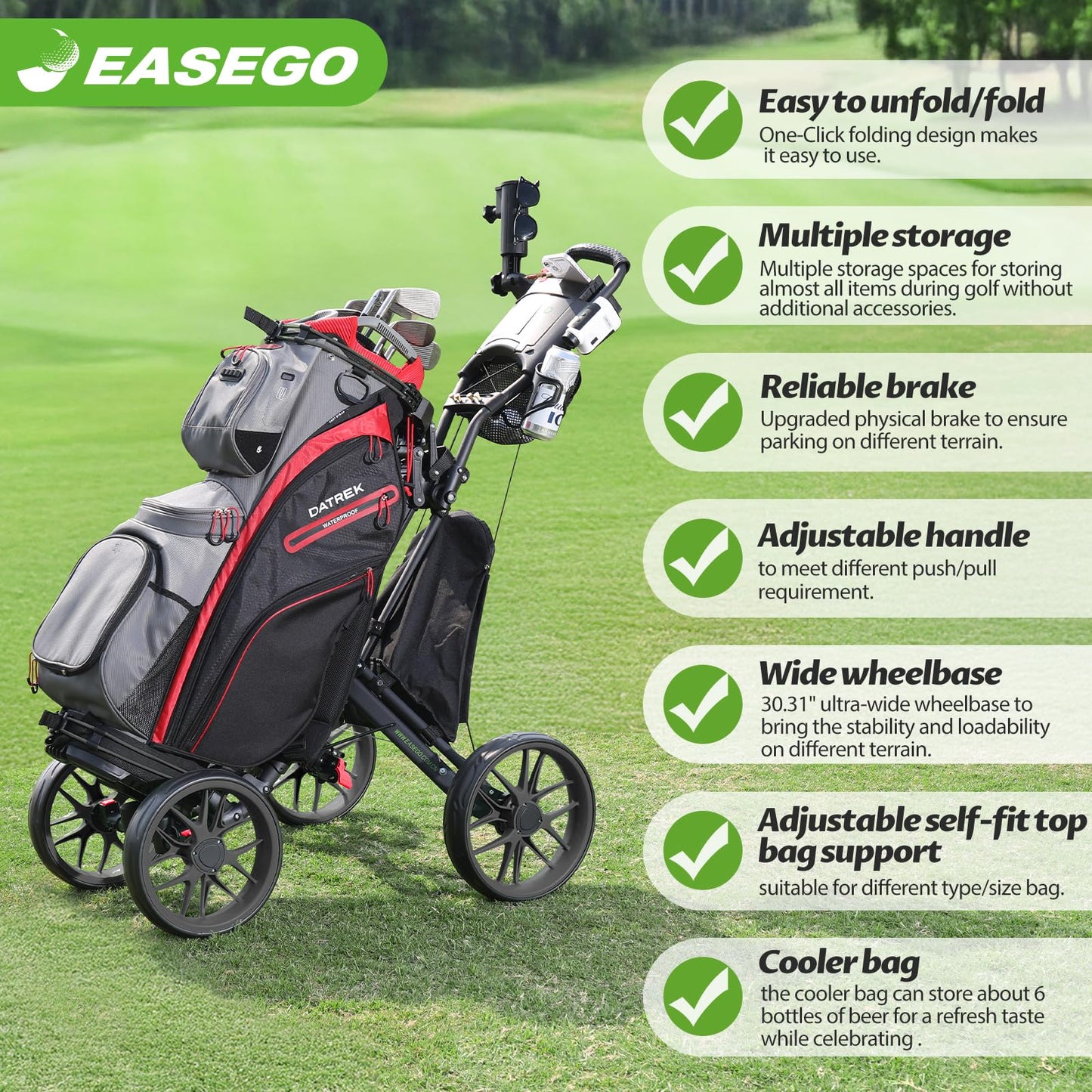 EASEGO Golf Push Cart 4 Wheel : Golf Walking Carts with Phone Holder/Cup Holder/Umbrella Holder/Foot Brake/Cooler Basket 4 Wheel Superlite Golf Pull Cart All-Terrain Golf Caddy Carts(Black)