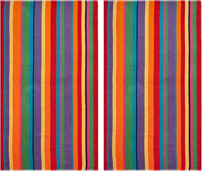 COTTON CRAFT Summer of Siam Oversized Beach Towel - 2 Pack XL 39x68 inches - Pure Cotton - Thick Plush Super Soft Absorbent Luxurious Velour Pile - Pool Picnic Bath - 450 GSM - Multi Color Stripe