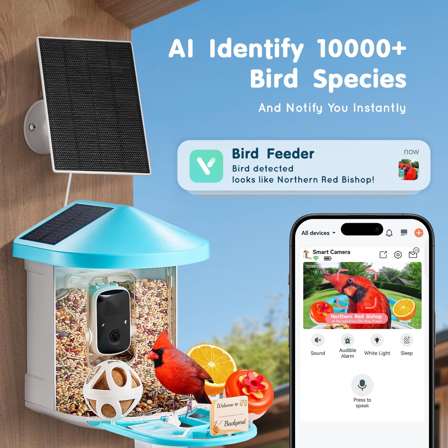 Happybuy Smart Bird Feeder with Camera, 2K HD AI to Identify Over 10000 Bird Species, Solar-Powered with 3 Panels, Auto Capture & Instant Notify for Outdoor Bird Watching, Ideal Gift for Bird Lovers