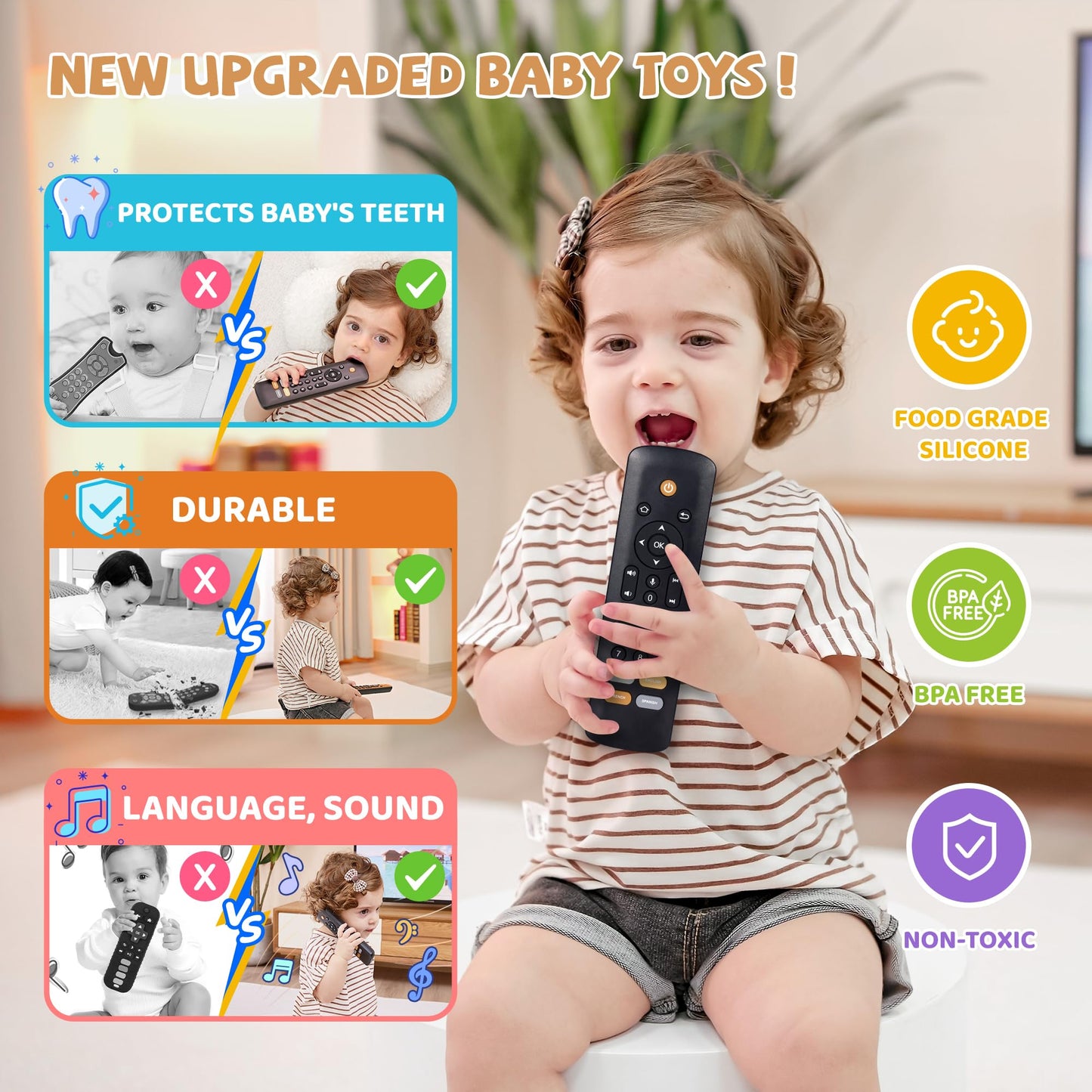 Baby TV Remote Toy - Realistic Play Remote toy with Lights and Sounds, 3 Languages (English, Spanish & French), Learning Musical Toys, Preschool Infant Boys Girls Toys Gift for 1 2 Year Old, Black.