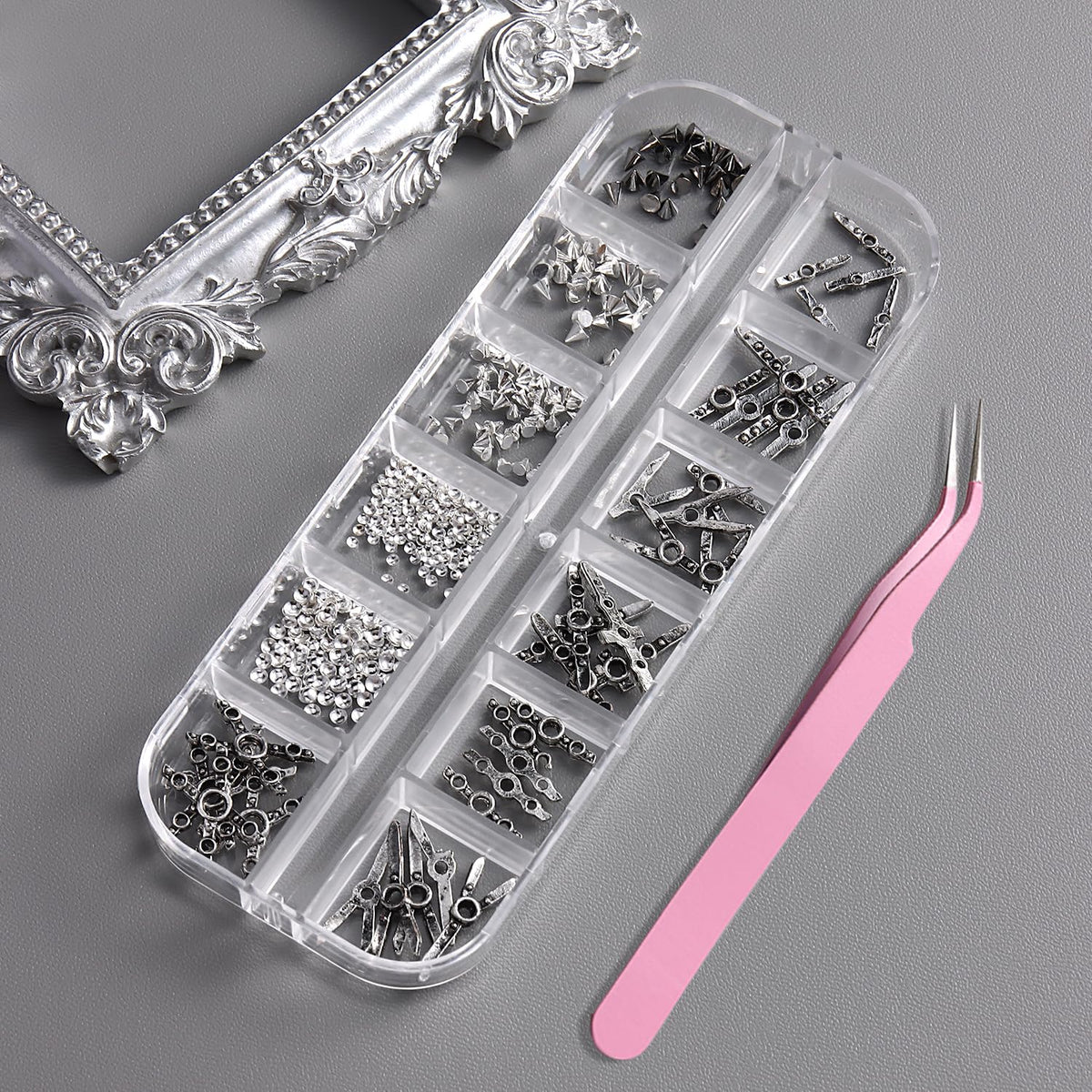 Furtherpretty Gothic Nail Charms Set, 3D Metal Punk Bondage Nail Accessories with Silver Spikes & Rivet Studs, Y2K Hollow Harness Strap and Belt Buckle Designs, Goth Nail Art Decorations with Tweezers