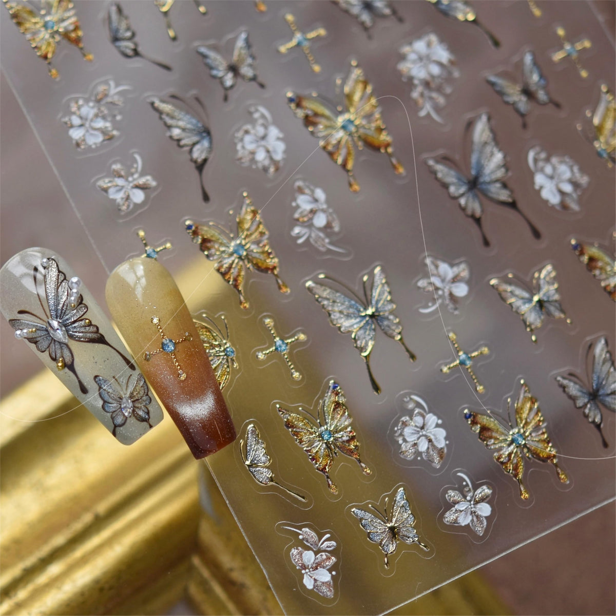 Phuryllic 3D Nail Stickers for Nail Art, Embossed Self-Adhesive Cute Nail Charms & Decals for DIY Nails, Easy-to-Apply Nail Design Supplies & Accessories for Home Manicure-Baroque Golden Butterfly