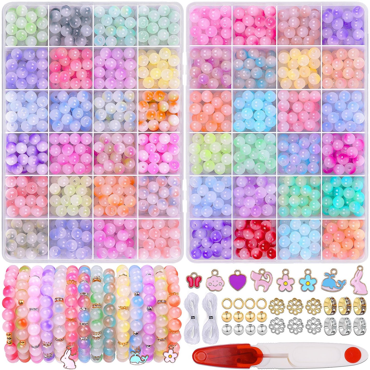 Wuollgess 1700Pcs 8mm Glass Beads for Jewelry Making,Round Bracelet Making Kit in 48 Colors with Gold Silver Spacer Beads, Charms & Elastic String, Friendship Bracelet Bead Kit for Adults and Crafters