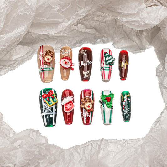 Sun&Beam Nails Handmade Press-on Long Coffin Ballerina Red Green White Brown Christmas 3D Sweet Design Fashion False Nail Tips 10 Pcs Set (#195 M)