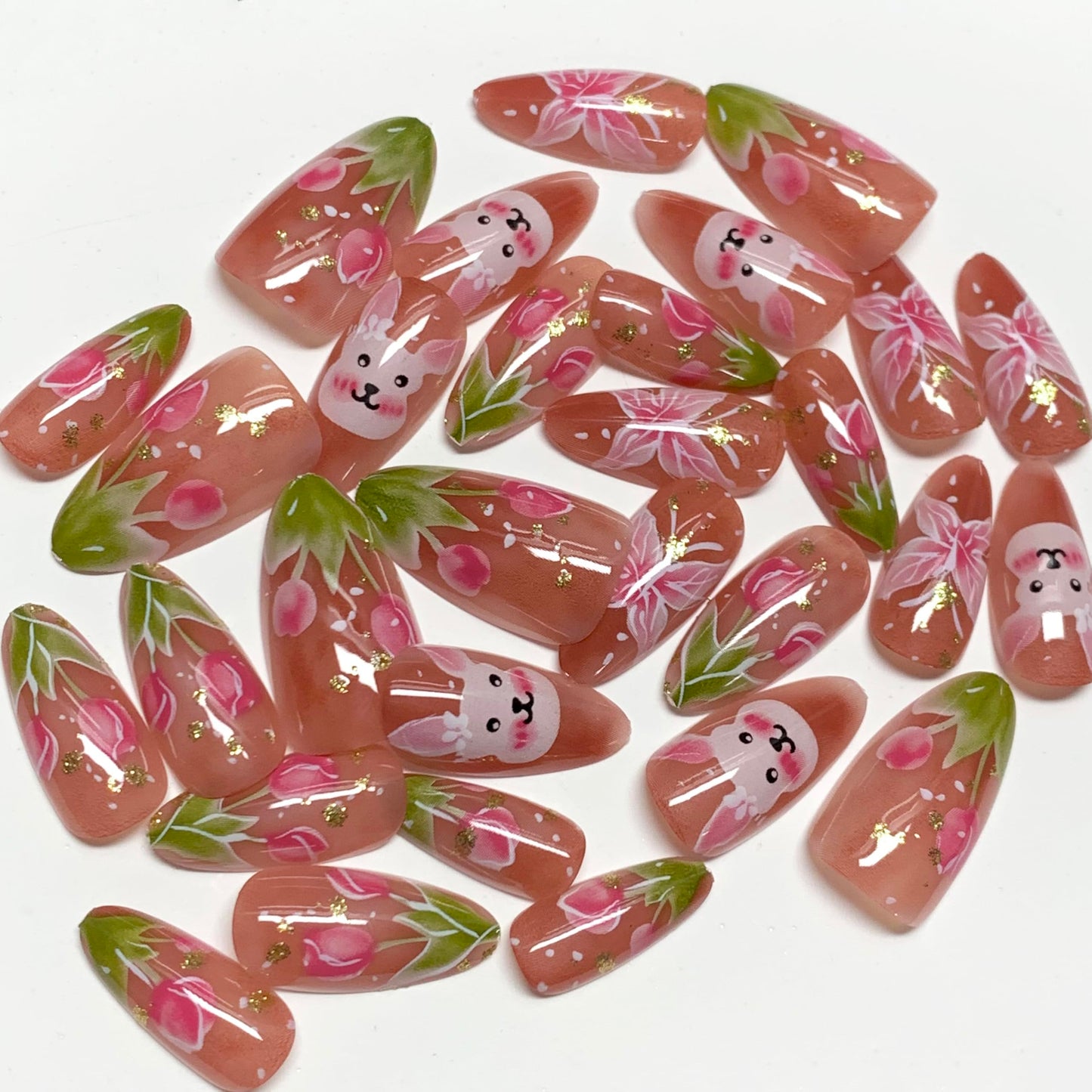 BABALAL Press On Nails, Short Almond Fake Nails, Pink Blossom With Bunny & Floral, Cute Kawaii Spring Summer Glossy Glue On Nails For Women And Girls Kids 24Pcs