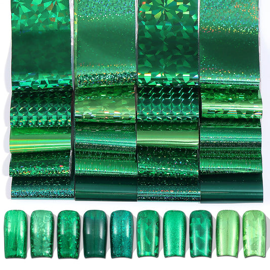 Green Holographic Nail Foil Transfer Nails Art 20PCS St. Patrick's Day Nail Foil Sheets Laser Geometric Iridescent Green Nail Design Stickers Decals DIY Starry Paper Manicure Supplies