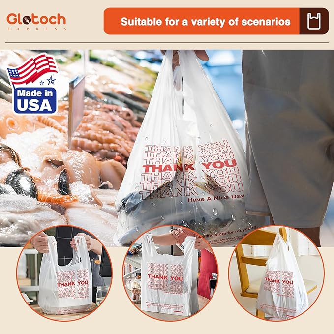 Glotoch 10000 (10K) Count Plastic Thank You Bags for Small Business in Bulk, 11.5 x 6.5 x 21" White Grocery Bag with Handles for Restaurant, Retail, Takeout, Convenience Stores, Shopping T-shirt bags