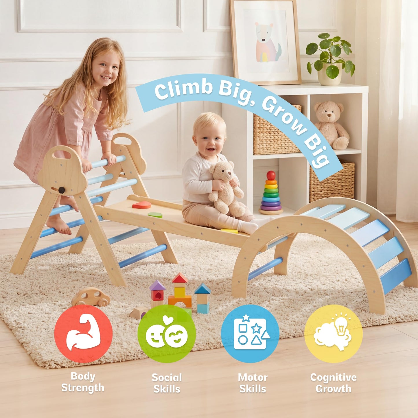 bbgroundgrm 8-in-1 Wooden Climbing Set for Toddlers with Cushion, Foldable Montessori Indoor Climber with Arch, Ramp and Triangle Ladder, Natural Wood Play Gym for Kids 1-3