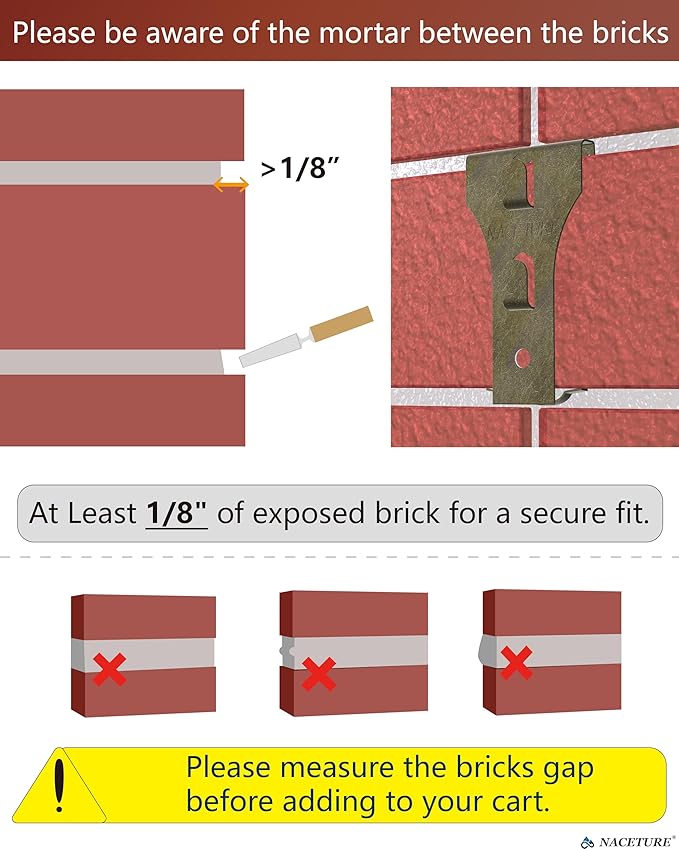 NACETURE Brick Hook Clips, 4-Pack — for 2.25"–2.40" Brick Height Only, Requires ≥1/8" Recessed Mortar — No-Drill Metal Brick Hangers, Supports Up to 25 lb (When Properly Installed)