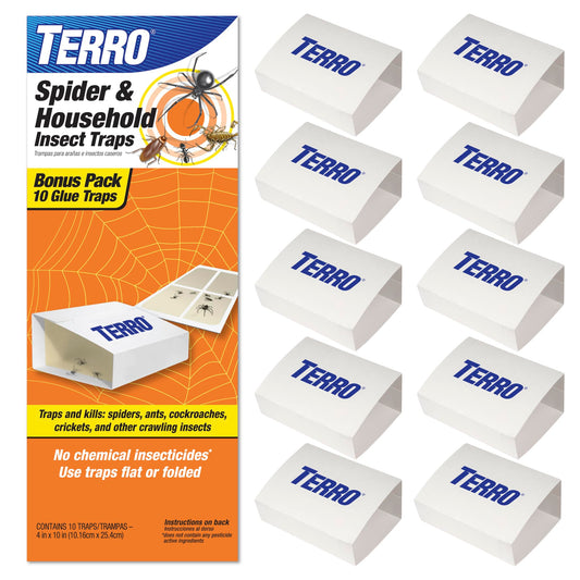 TERRO Spider & Insect Trap T3206 10-Pack Sticky Glue Traps for Roaches, Spiders, Ants, Cockroaches, Crickets - Indoor Bug Catcher Pest Control Traps, 4.25 in x 10 in