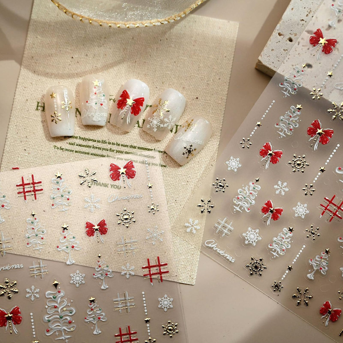 Christmas Nail Art Stickers– 3D Winter Holiday Red Bow, Snowflakes, Christmas Tree Designs – Self-Adhesive Decals for DIY Christmas Nails Manicure Decorations(1 Sheet)