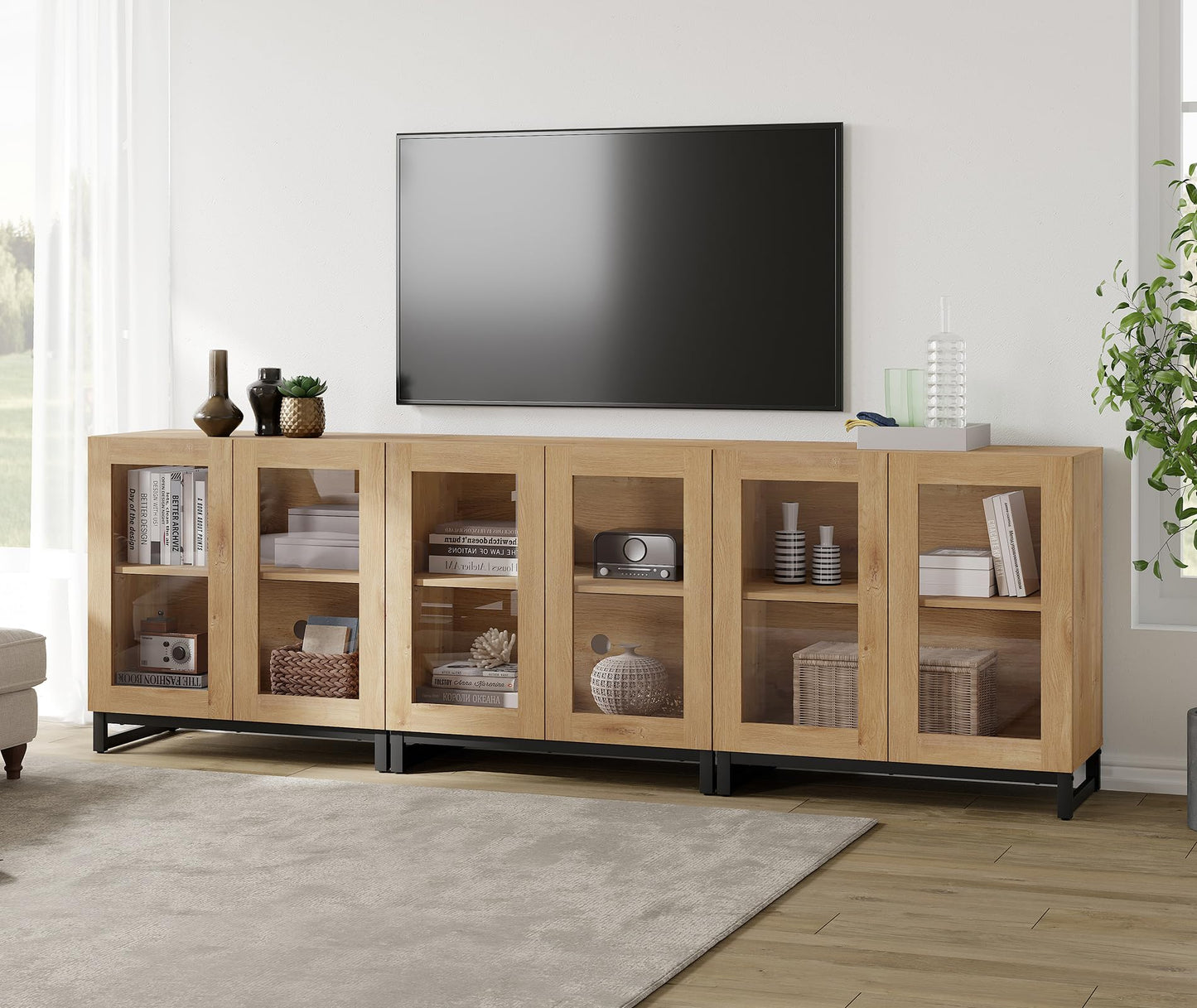 WAMPAT Modern TV Stand with Glass Doors for 110 inch TVs, 3 in 1 Entertainment Center Console with Adjustable Shelves and Metal Base for Living Room, Bedroom, Oak