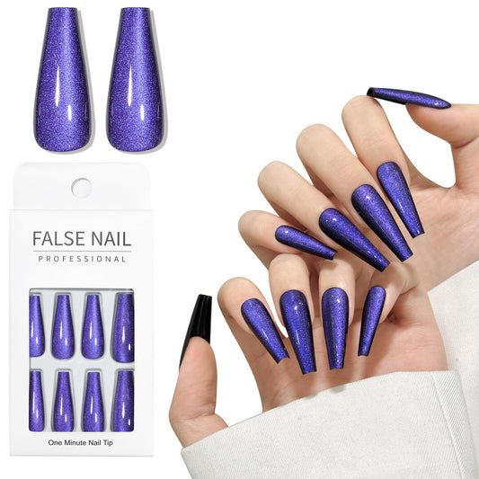 Dark Blue Cat Eyes Press On Nails,12 Sizes-24 Pcs Soft Gel Blue Long Coffin Fake Nails Kit with Nail Glue, Natural Reusable Stick On False Nails for Women and Girls SK1041