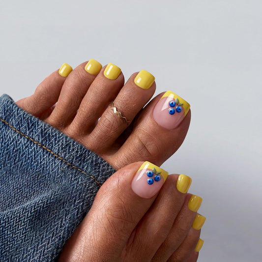 BTArtbox Press On Toenails Short - Blueberry Rain, Easy-to-Apply 3D Yellow French Tip Square Toe Nail Press Ons with Glue and Adhesive Tabs in 15 Sizes - 30 Toenails All-in-One Kit