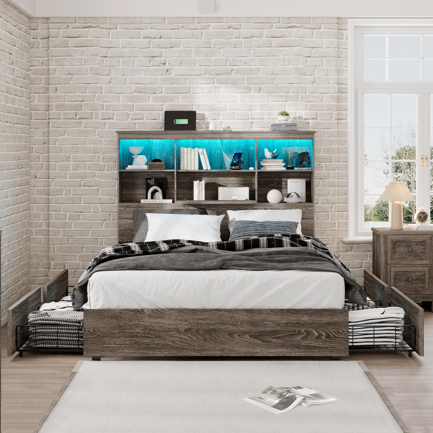 LUXOAK Queen Size Bed Frame with LED Bookcase Headboard, Wooden Storage Bed with Charging Station & 4 Drawers, No Box Spring Needed/Noise-Free/Rustic Grey