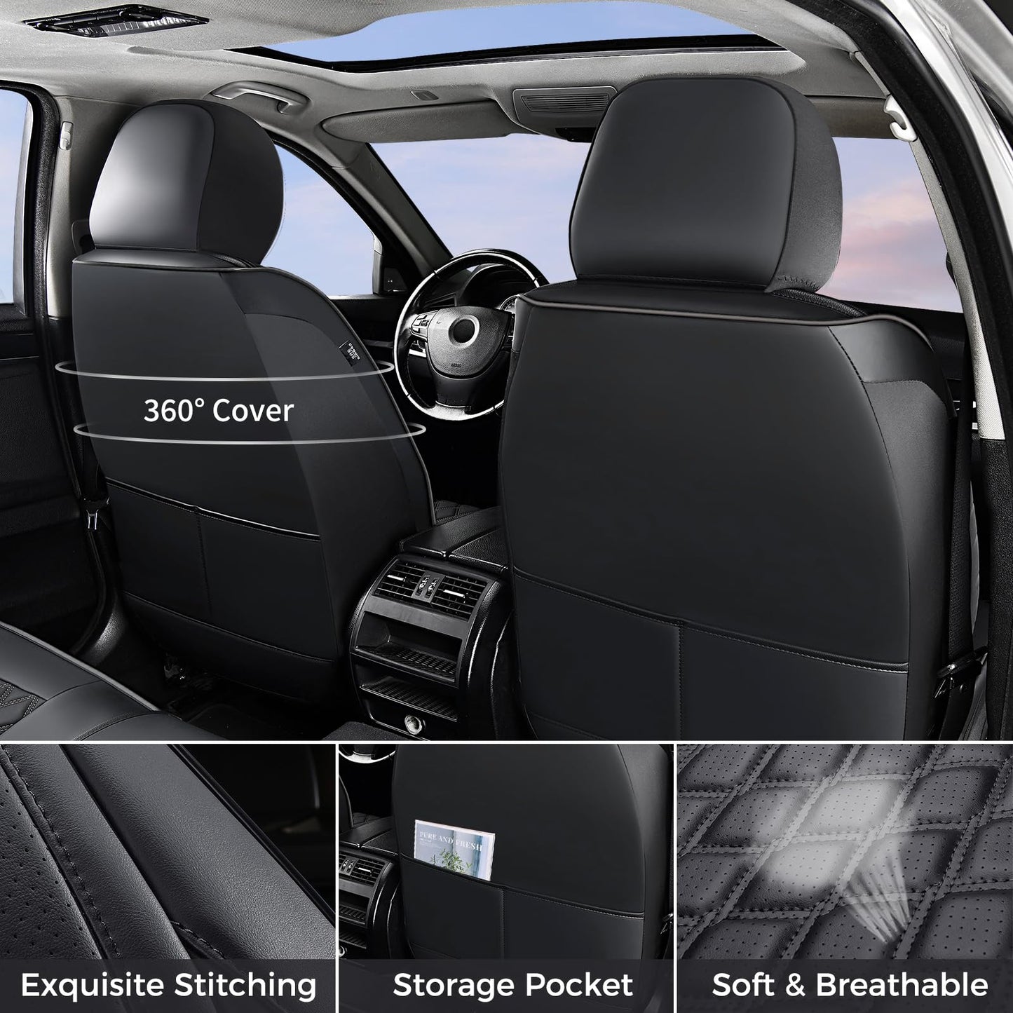 Huidasource Wrangler JK Seat Cover 2 Door Full Set, Waterproof Leather Custom Car Seat Cover, JK Seat Cushion Protector Fit for Jeep Wrangler JK 2-Door Sahara Sport Rubicon 2007-2017(Full Set/Black)