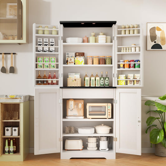Shintenchi Kitchen Pantry Cabinet, Freestanding Farmhouse Storage Cabinet with 8 Door Shelves, 2 Cabinets and 1 Drawer, Tall Cupboard for Kitchen, Living Room, Dining Room and Bathroom, White