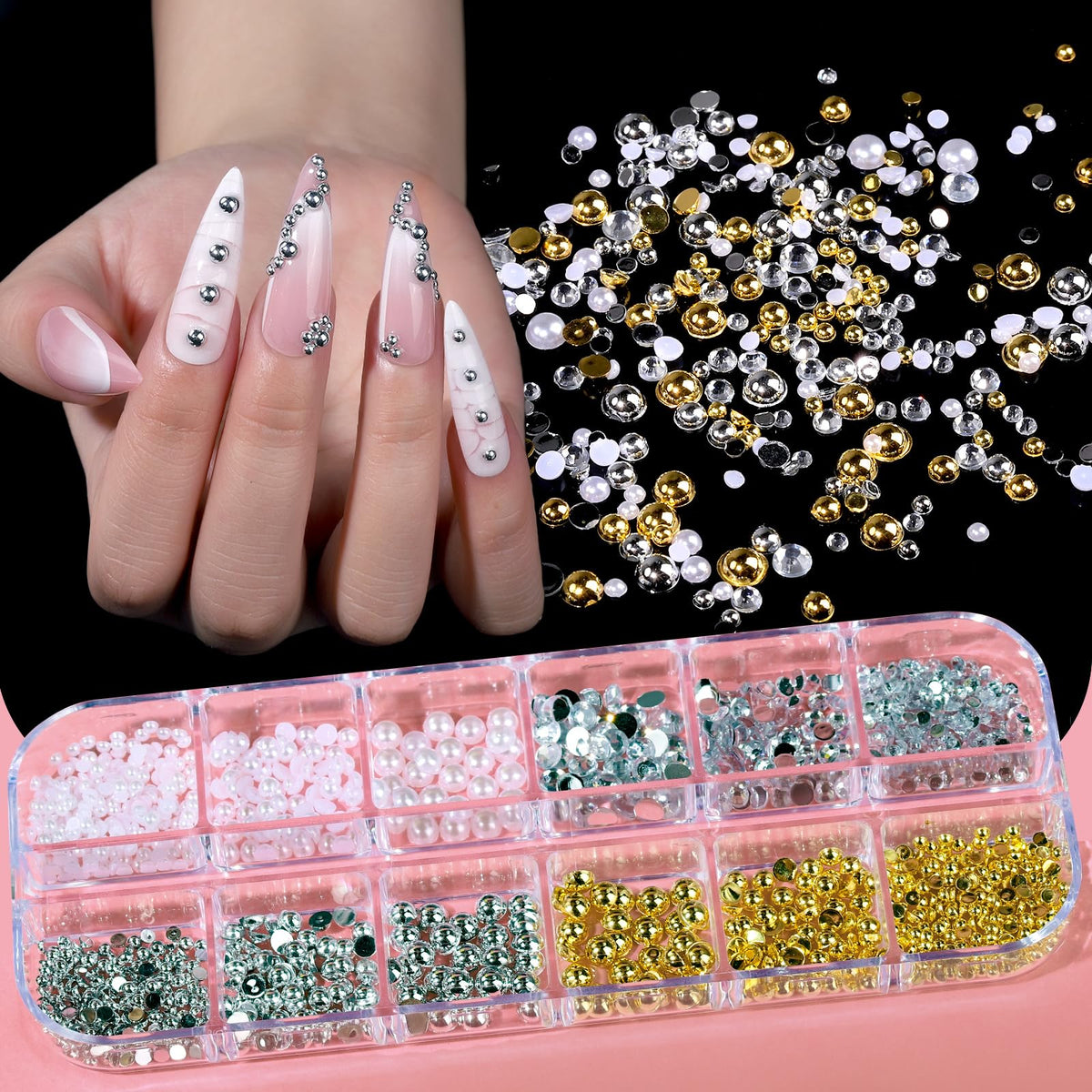 Teenitor Chrome Nail Powder Kit, 14 Pots Nail Chrome Powder with Nail Charms and Gems, Gold Chrome Nail Powder, Silver Red Mirror Effect Crome Powder for Gel Nails, Nail Supplies Nail Design Tools